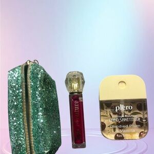 Green Glitter Cosmetic Bag with Lip Gloss and Hand Sanitizer